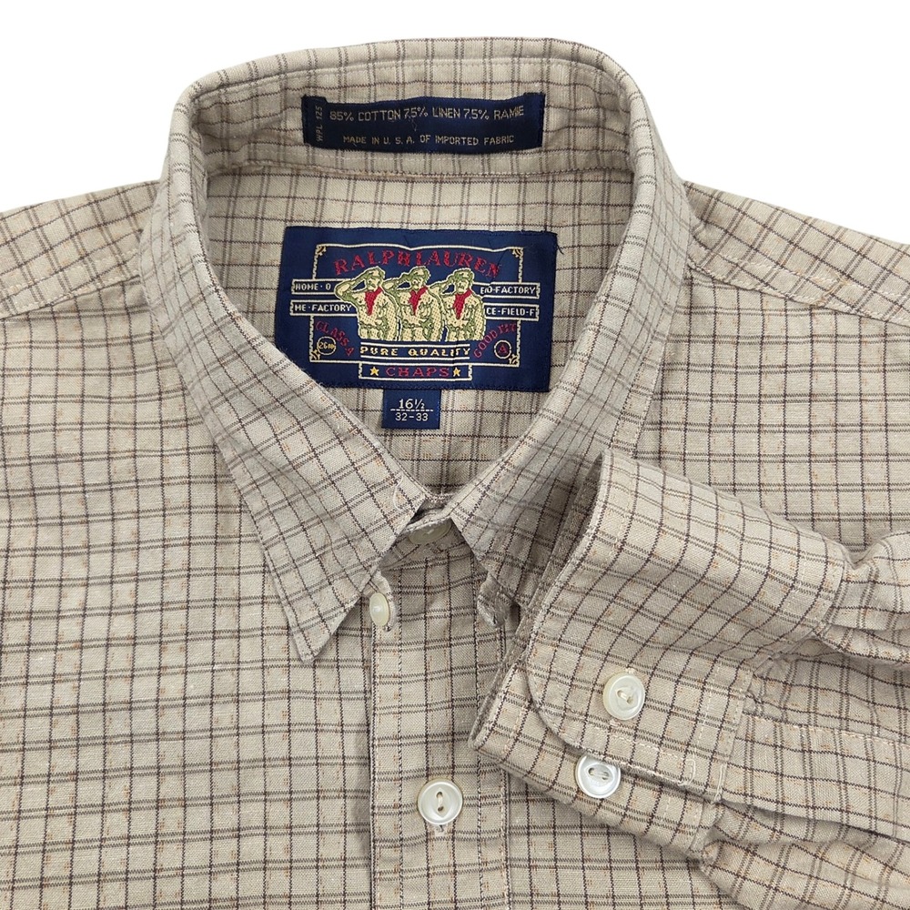 VTG 90s Chaps Ralph Lauren Boy Scout Label Plaid Shirt Men 16.5 L Cotton Linen